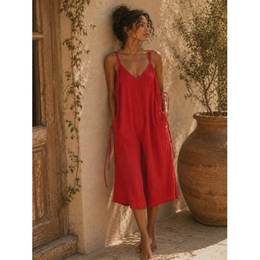 Sam and Jess Red Wide Leg Culotte Jumpsuit Sleeveless V-Neck Side Ties‎ Womens L
